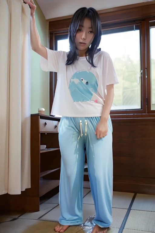 Japanese Girl thin body wearing a white short-sleeved t-shirt sees the ghost and pees her light blue loose pajama pants until his pants are wet pants in fright.