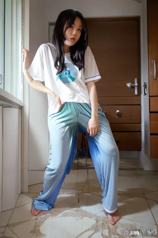 Japanese Girl thin body wearing a white short-sleeved t-shirt sees the ghost and pees her light blue loose pajama pants until his pants are wet pants in fright.