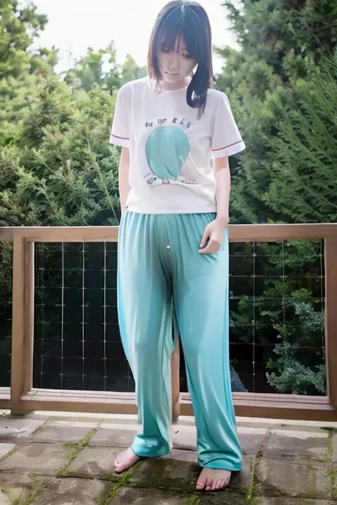 Japanese Girl thin body wearing a white short-sleeved t-shirt sees the ghost and pees her light blue loose pajama pants until his pants are wet pants in fright.