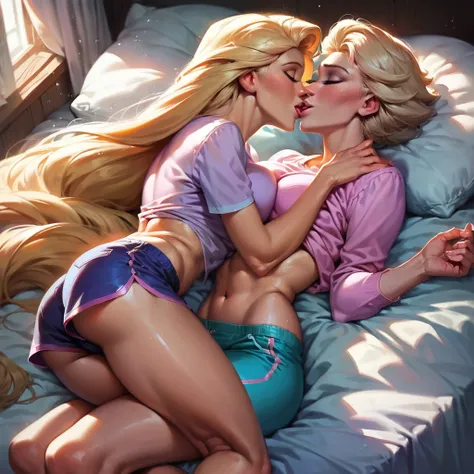 score_9, score_8_up, score_7_up, score_6_up, score_5_up, (high quality, detailed, beautiful), detailed soft lighting, rating_explicit, 2girls, Rapunzel cuddling in bed with Elsa, kissing, passionate, wearing cute tight pajama shorts and top.