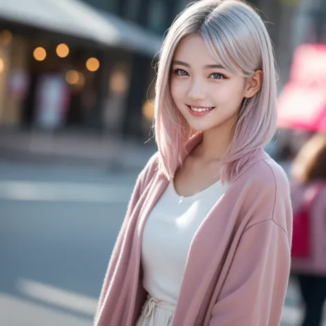 18-year-old、Tabletop, highest quality, figure, Super detailed, In detail, High resolution, 8k wallpaper, Perfect dynamic composition, Beautiful fine details, ,Medium Hair,, Natural color lip, smile、Silver hair with pink gradation at the ends、Street Snap、Si...