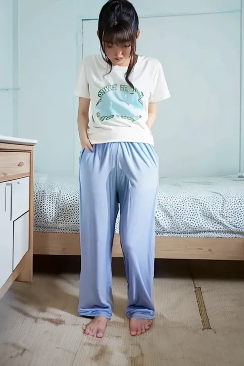 Japanese Girl thin body wearing a white short-sleeved t-shirt sees the ghost and pees her light blue lose pajama pants until his pants are wet pants in fright.