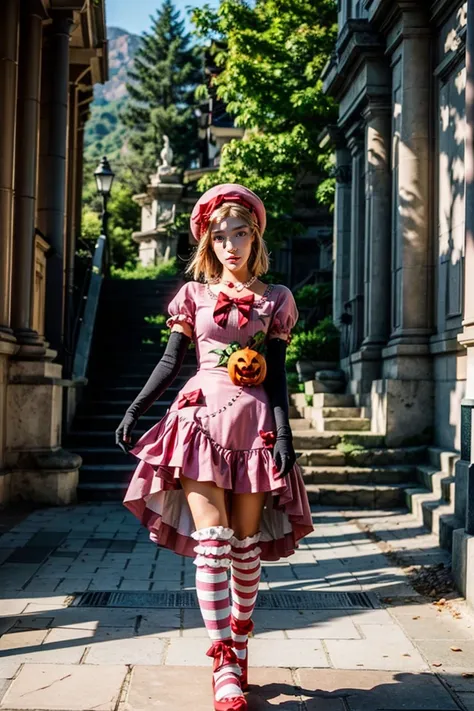 (masterpiece),(best quality), 16k CGI render ((photography)), photorealistic, lambdadelta, dress, shoes bow, red shoes, striped stockings, red bow, pink hat, pumpkin brooch, necklace, gloves, pearl, walking, smile, stairs, temple, mountain, forest, looking...