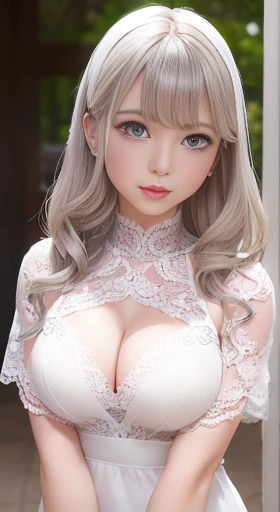 (8k, RAW Photos, Realistic:1.25), Tabletop, highest quality, shape, Very detailed, Subtle details, High resolution, 8k wallpaper, 完璧なダイナミックな構shape, Fine and beautiful eyes, Natural Lip, (Sexy grey lace dress:1.3), ((Medium breast,Sheer papillae)), Cleavage...