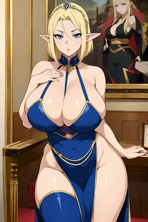 Beautiful woman in anime style, Has blonde hair , In this masterpiece of art. Her clothing and image composition are carefully planned, Displaying complex ultra-details. Sexy Elf Queen is looking at you, Elegant body, Mature female breasts、Breast sagging、L...