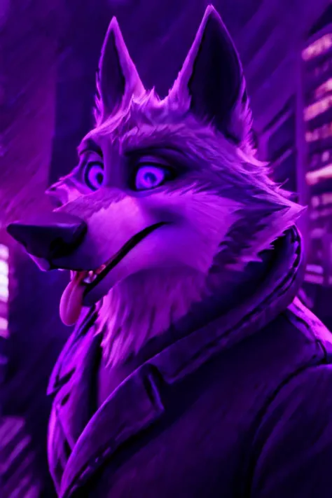 vortex hellhound, wolf, furry, helluva boss, wearing a (leather jacket), solo, wolf, white fur, open mouth, tongue out, hypnotiz...