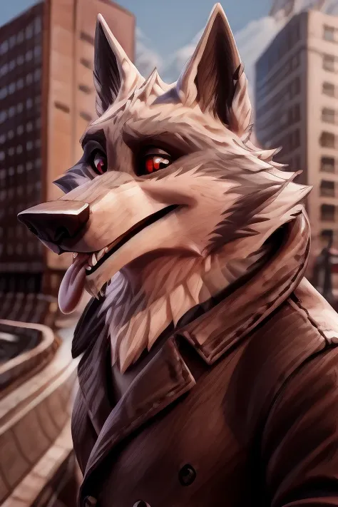 Vortex hellhound, wolf, furry, helluva boss, wearing a (leather jacket), solo, wolf, white fur, open mouth, tongue out, BREAK, city background, (intricate, high detail, soft focus, RAW candid cinema, photorealism, realistic, photorealistic, analog style, s...