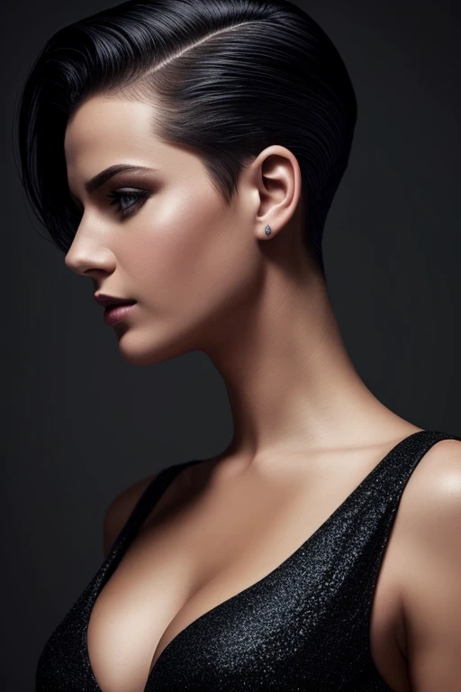 Gorgeous european woman with short hair, short hair, wet hair, hair slicked back, combed straight back, slick hair, black gradient hair, dressed as a princess, cleavage, solid dark grey background