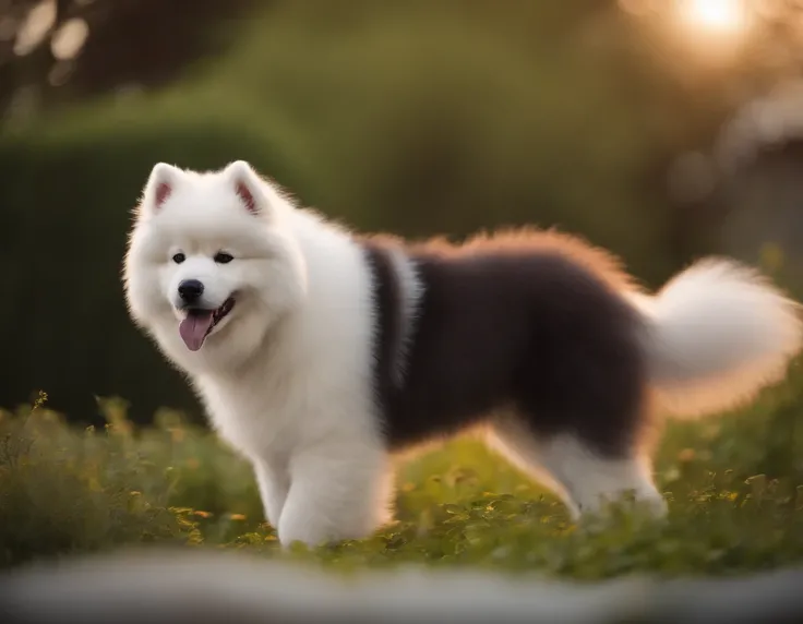 A samoyed Dog , hyper realistic, puppy 3months, walking at a garden