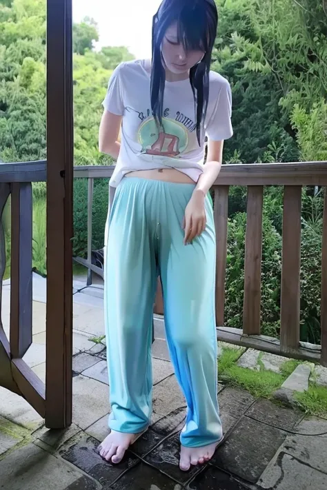 Japanese Girl thin body wearing a white short-sleeved t-shirt sees the ghost and pees her light blue loose pajama pants until his pants are wet pants in fright.