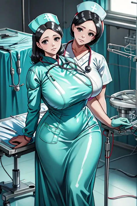 nurse uniform,hospital, latex nurse suit,nurses,busty,elbow gloves,labcoat,black hair woman,red eyes , gigantic ,medical instruments,asian nurse,two nurses,speculum,examination room,oversize ,big ass ,strap on, lay on table ,legs spreaded,giving birth,gyno...