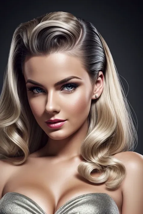 Gorgeous european woman with 50s pinup hair, wet hair, hair slicked back, combed straight back, slick hair, blonde gradient hair, dressed as a princess, cleavage, solid dark grey background