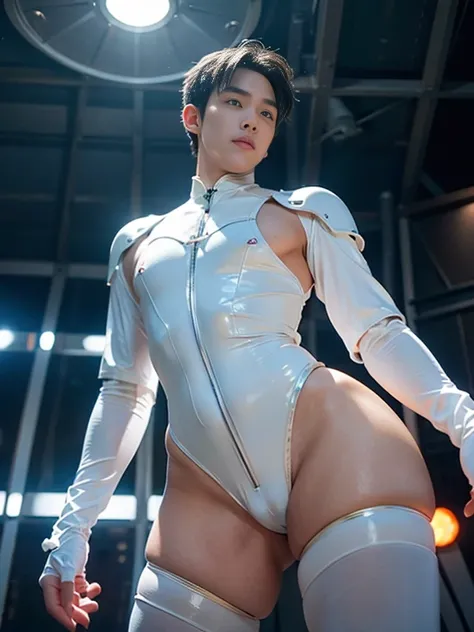 (masutepiece,High resolution,ultra - detailed:1.0),1(Boy,Robot Boy),Perfect male body,Look at the camera,Delicate eyes and delicate face,extremely details CG,Unity 8k wallpaper,intricate-detail,solo person,Detailed face, (Futuristic skin-perfect sexy white...