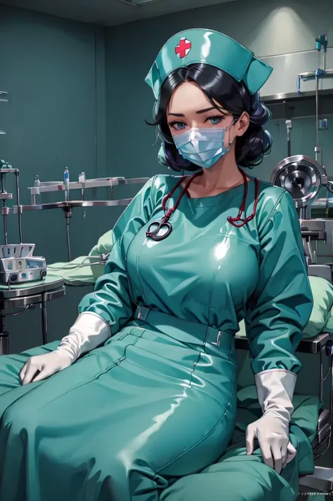 nurse uniform,hospital, latex nurse suit,nurses,busty,elbow gloves,labcoat,black hair woman,blue eyes , gigantic ,medical instru...