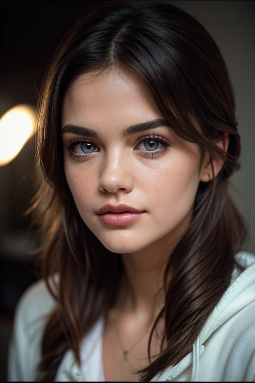 An amazing portrait of a beautiful Lucy Hale, dressed in comfy hoodie, detailed eyes, detailed hair, Ponytail, stunning facial feature, Perfect eyes, ultra realistic eyes, perfect face, perfect body, cinematographic, color analog film photo, Realistic hair...