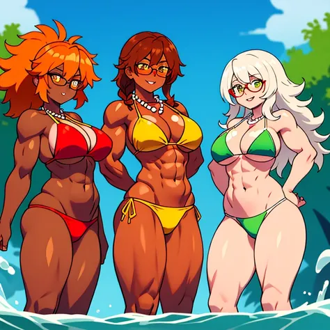 Group of three women in a park, big breasts, each wearing a different colored bikini ,(The first: glasses, yellow eyes, brown hair,Long hair,red bikini.)(the second: green eyes, brown skin, white hair with a braid,yellow bikini.)(the third: short and fluff...