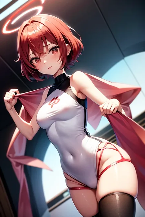 Create an anime illustration of an adorable 109cm-tall girl with black eyes, short bright-red hair, and a red-and-white sexy tech-wear, adorned with a delicate halo above her head