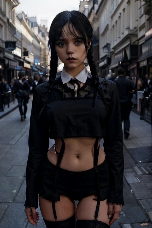 full body portrait, wednesday adams, 30 years old, gothic lace underwear, suspender belt, standing in paris street, body long ar...