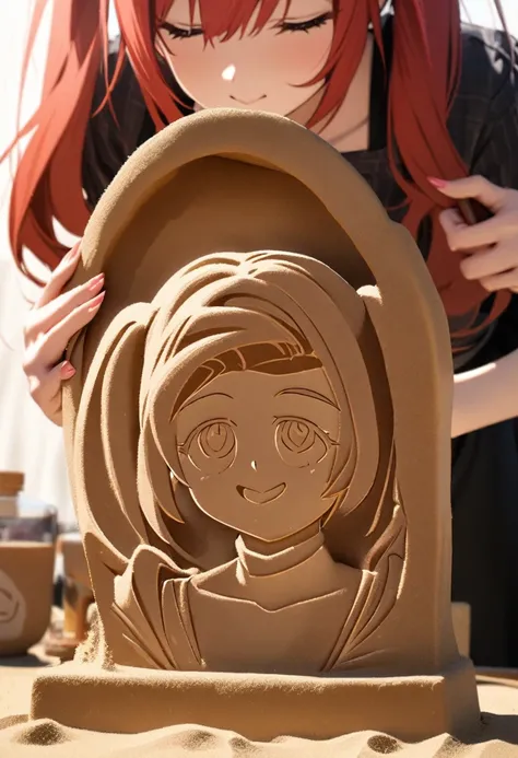 a girl with long red twin tails,Painting a bust of myself with sand art, Sand Art Extreme Closeup