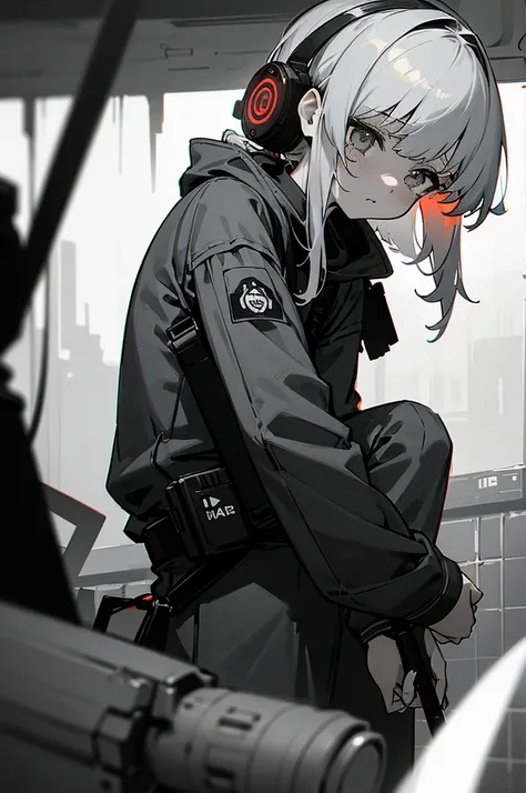 arm enterprise、Information Department、Observer、Non-combatant、Girl、、cute、Poor thing、weak々Shii、tears、introverted personality、Cowardice、be scared、sense of urgency、Modern weapons、Modern Arms、headphone、transceiver、Carrying communication equipment、Black theme、gr...