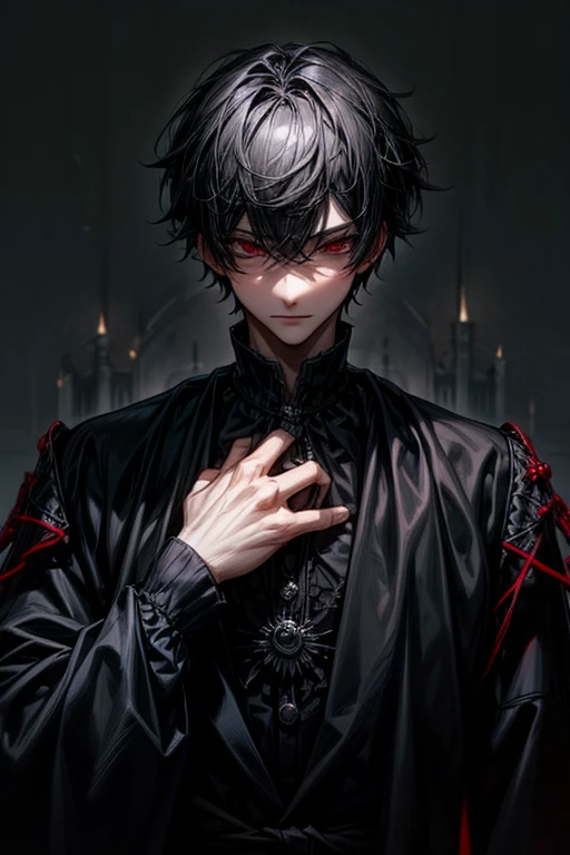 1male,he is a king,background is in a castle, short black hair,red eyes, gothic clothes, black clothes, handsome,intelligent,handsome eyes,upper body