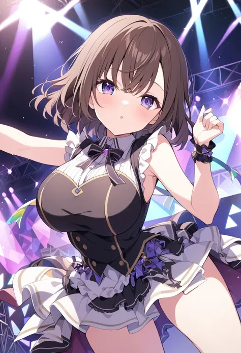 NONO ASAHINA, (BEAUTIFUL DETAILED EYES:1.2), BROWN HAIR, SHORT HAIR, BANGS, BluePurple eyes,, large breasts,, Live Stage, solo