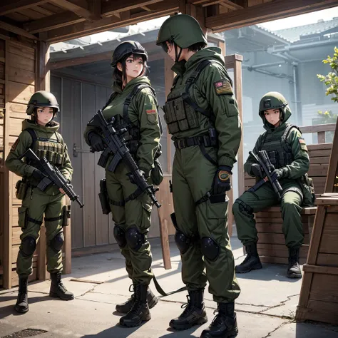 Several female soldiers wearing special forces helmets，dress up（Wearing dark green combat uniform、wearing a hoodie、Front view、stand in a line、Combat Shooting、military trousers、Magazine Pouch、Tactical harness、Elbow pads，Knee pads，Tactical Holster）、Military ...