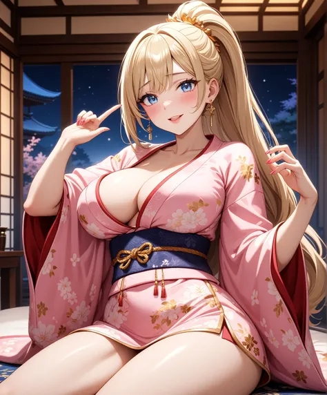 ((one personの女性)), Beautiful Face,Embarrassed and kind expression,Laugh embarrassedly,turn bright red,Glossy pink lips,night,Luxurious Japanese-style room,night景, ((Anime style background)),masterpiece, highest quality, so beautiful, Latest, Complex detail...