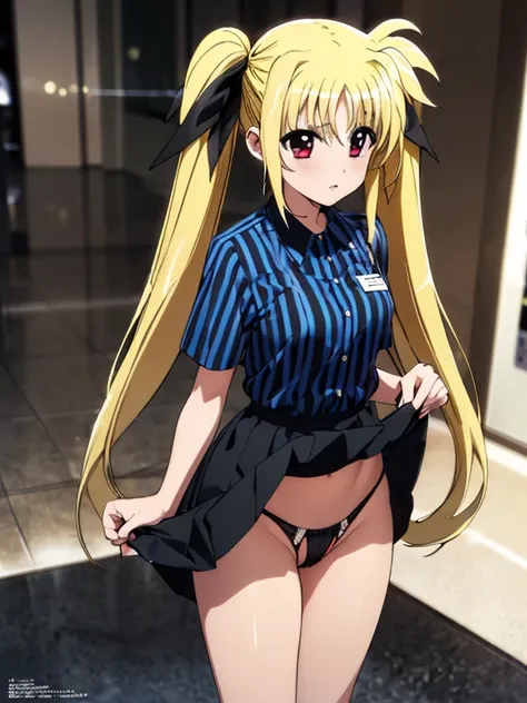 nsfw , Fate Testarossa , lyrical nanoha , (((highres official art))) , (((1girl))) , (((solo))) , (((mostly nude))) , (((blondehair))) , (((twintails))) , (((black ribbon))) , masterpiece, best quality, highres, 12yo,.lawson uniform, employee uniform, shir...