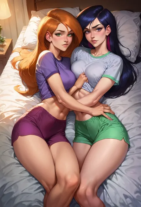 score_9, score_8_up, score_7_up, score_6_up, score_5_up, (high quality, detailed, beautiful), detailed soft lighting, rating_explicit, 2girls, Violet Parr cuddling in bed with Kim Possible, beautiful eyes, open eyes, wearing cute tight pajama shorts and to...