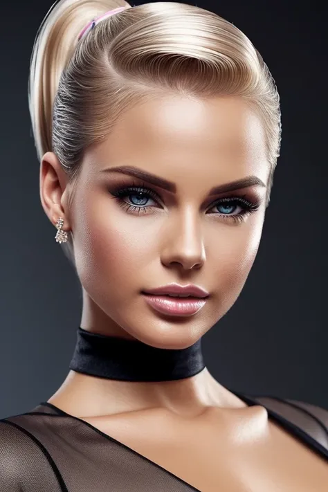 Gorgeous european woman with short hair, ponytail, wet hair, hair slicked back, combed straight back, slick hair, blonde gradient hair, dressed as Barbie, jewelry, cleavage, glamour, solid dark grey background