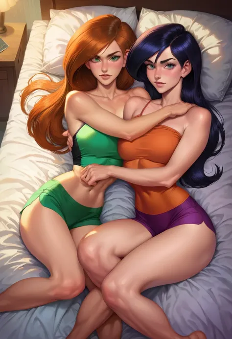 score_9, score_8_up, score_7_up, score_6_up, score_5_up, (high quality, detailed, beautiful), detailed soft lighting, rating_explicit, 2girls, Violet Parr cuddling in bed with Kim Possible, beautiful eyes, open eyes, wearing cute tight pajama shorts and to...