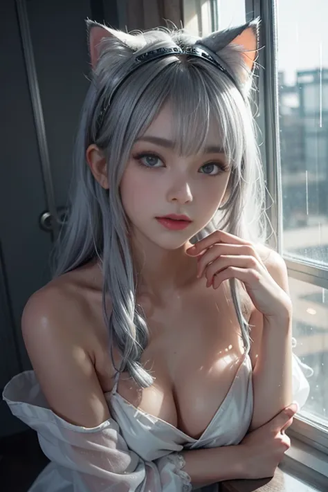 Leaning against the window, sad, Silver Hair, Hair bangs, Cat Ear Headband, Shiny Hair, Skin pores, Glowing Skin, naked, In the room, Rain outside the window, night, Lovely, beautiful