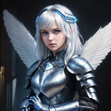 ((medium full shot))), (Masterpiece, photorealistic, photorealism, best quality, ultra-detailed:1.3), (nice hands, perfect hands), official art, cinematic light, (1girl:1.3), adult, armor, wings, solo, shoulder armor, blue eyes, pauldrons, white hair, look...