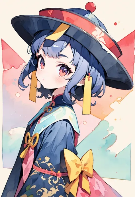 pop art,flat design,(masterpiece, best quality:1.1),
(ultra highres, ultra-detailed:1.2) ,Cute Jiangshi,navy hair,wavy short hair,parallel eyebrows,(Watercolor:1.3),