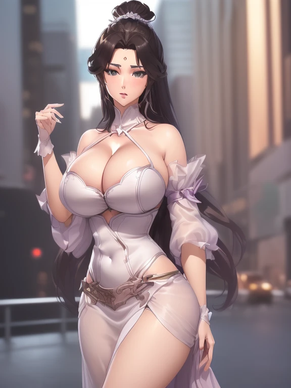 1 Girl, Become a,( (((Large Breasts、Breast sagging、Low-cut，Cleavage ，Wide hips,)))((Long legs)),Hourglass figure))), Long skirt, city View, looking at the audience, Separate sleeves, Hair accessories,Forehead Mark,Cowboy shooting,High Ponytail, Metal trim,...