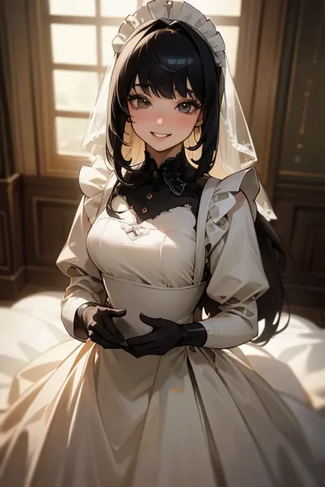 (Highest Resolution, clear_image) highest quality, Single person, One woman, alone, masterpiece, Very detailed, Semi-realistic, Black Hairのショートヘア, Black Hair, bangs, 18-year-old, mature, Wedding dress、Indoor Background, kind, Authoritative, Powerful, exqui...