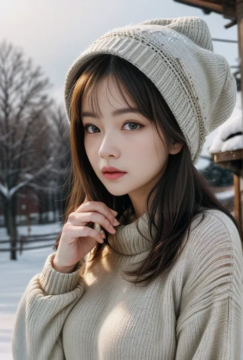 masterpiece, best quality, analogue photo of adult girl, looking at viewer, long hair, sweater, sweater hat, extremely beautiful...