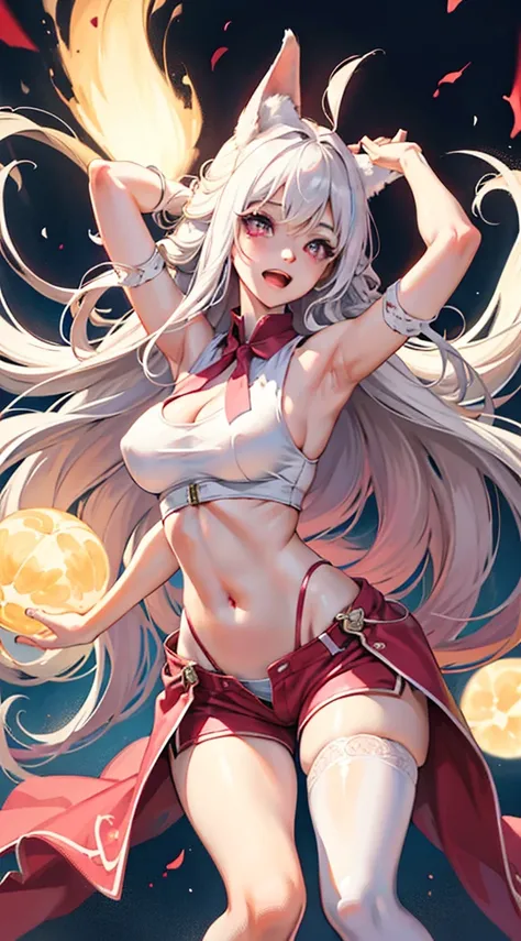 Young Girls, very long white hair, pink eyes, Fox ears, Very long fox tail, Smile, Open mouth, Dragon Wings, flight, White vest, Sleeveless, shorts, Open belly, masterpiece, high quality, 4k, HD, Very good details, dynamic poses, hand raising, Put your han...