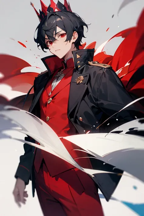 a boy, gray black hair, red eyes, red clothes, black jacket, kings crown