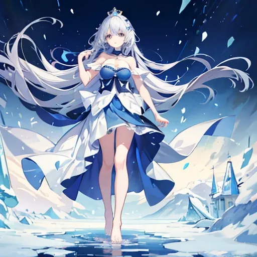 masterpiece，best quality，a girl，Solitary，Cold，Blue Skirt，Princess，noble，indifferent，There was a trace of sadness in his eyes，Breast cleavage，barefoot，Blue and white gradient hair，Floating on snow-covered water，crown