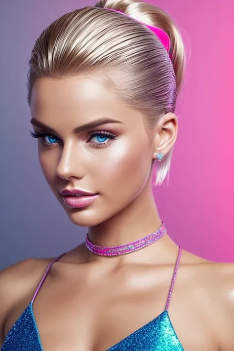 Gorgeous european woman with short hair, ponytail, wet hair, hair slicked back, combed straight back, slick hair, blonde gradient hair, dressed as Barbie in pink and blue, jewelry, cleavage, glamour, solid dark grey background