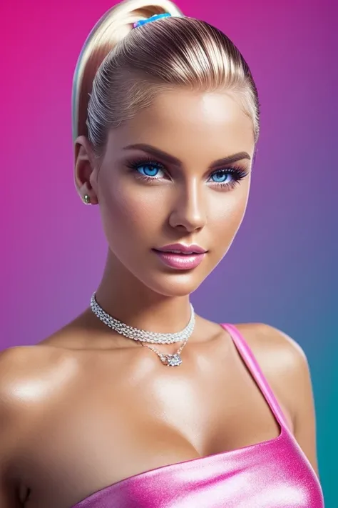 Gorgeous european woman with short hair, ponytail, wet hair, hair slicked back, combed straight back, slick hair, blonde gradient hair, dressed as Barbie in pink and blue, jewelry, cleavage, glamour, solid dark grey background