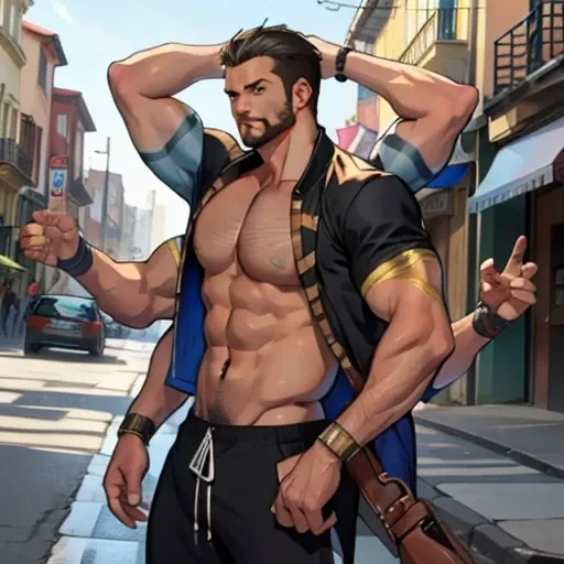 (four arms)one 28 year old man with lean physique, brown hair, stubble, on the street