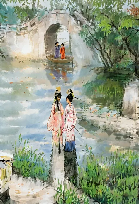 这是ink painting，fan zeng style，大写意ink painting，（（ink painting）），bridge，boat，two women，目送boat只，afternoon light，international oil p...