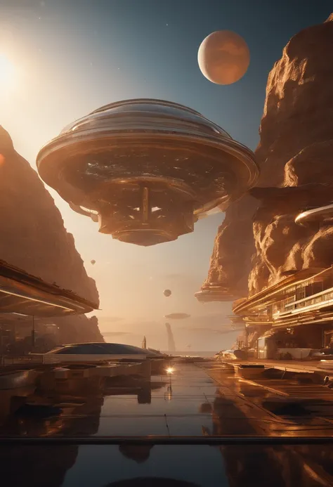 Futuristic setting, floating buildings, nave espacial , nuvens alaranjadas, luz do sol, obras-primas, super detalhe, Epic composition, ultra HD, alta qualidade, extremamente detalhado, arte oficial, papel de parede 8k unificado, super detalhe, 32k - v.6