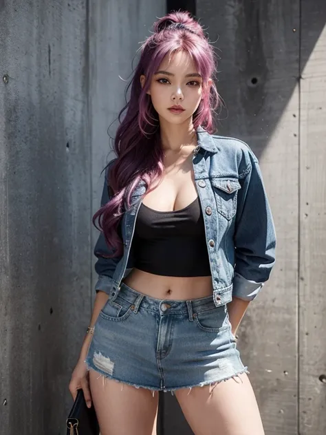 Perfectly striking a provocative pose: A confident girl, About 25, Show off her bold style. as she stood with her hands behind her back，Her vibrant pink-purple hair cascades from her shoulders. She was wearing an open denim jacket, Revealing the bright blu...