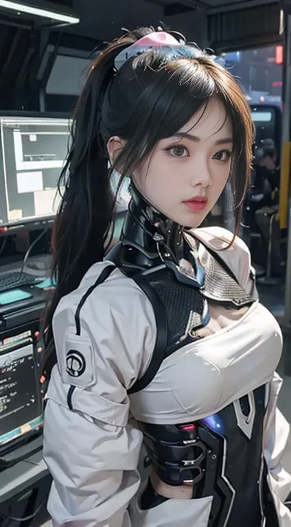 最high quality)), ((masterpiece)), (Very detailed:1.3), 。.3D, beautiful (cyber punk:1.3)), 1 girl, Full Body Lesbian, White hairstyle in ponytail, Large Breasts, Slender body, Slim Hips, Big Breasts, Glance at the pose, Bottom Angle, In formal attire ((重厚なc...