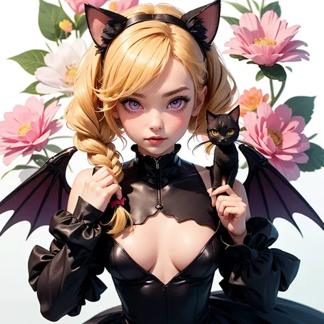 1girl, naked, animal ears, purple eyes, yellow hair, wings, solo, long hair, blush, cat ears, flowers, looking at viewer, braids, bows, dresses, pink flowers, bows, hair accessories, bangs, cats, hair flower, animal ear hair, holding, virtual youtuber, blu...