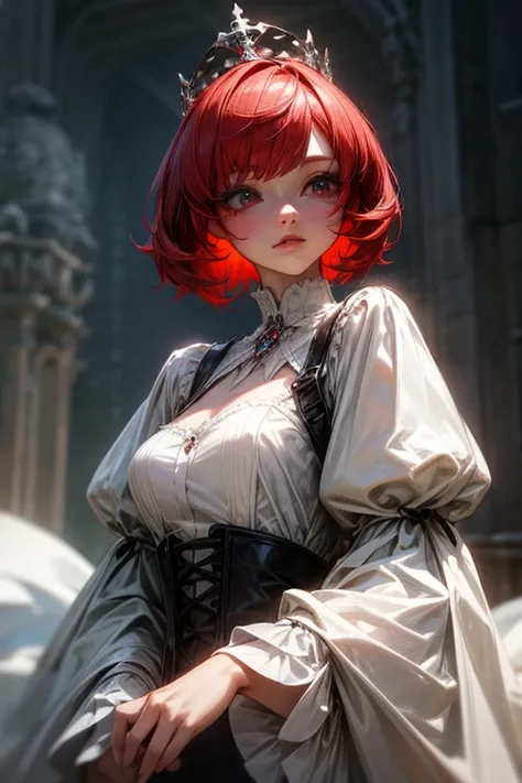 1lady,she is a queen,background is in a castle, short red hair,gothic clothes, white clothes, dress,cute,cool,intelligent,beauty eye,upper body